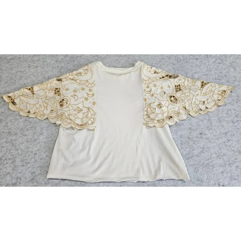 Free People Angel Tee in Ivory, Embroidered Flutter Angelic Sleeves, Sz S, NEW
